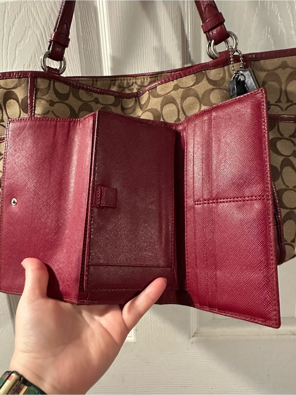 Coach Tan Signature Carrie Tote with Burgundy Leather Trim and Wallet - Picture 12 of 16